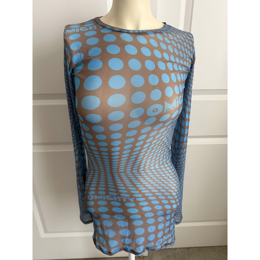 O-Mighty Brown Blue Polka Dot Mesh Long Sleeve Mini Dress XS Y2K Sheer